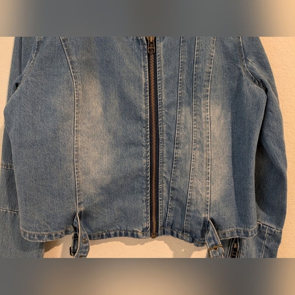 Elaine Turner Medium Wash Faded Asymmetric Full Zip Denim Jean Moto Jacket Biker - Picture 5 of 10